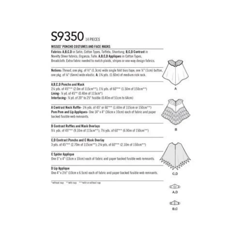 Simplicity Sewing‎ Pattern 9350 11161 Misses Poncho Costume Face Mask